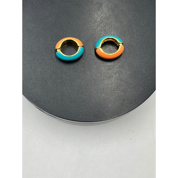 KJL Vintage KJL Signed Blue Orange Enamel Huggie Hoop Earrings snap on versatile - Picture 3 of 11